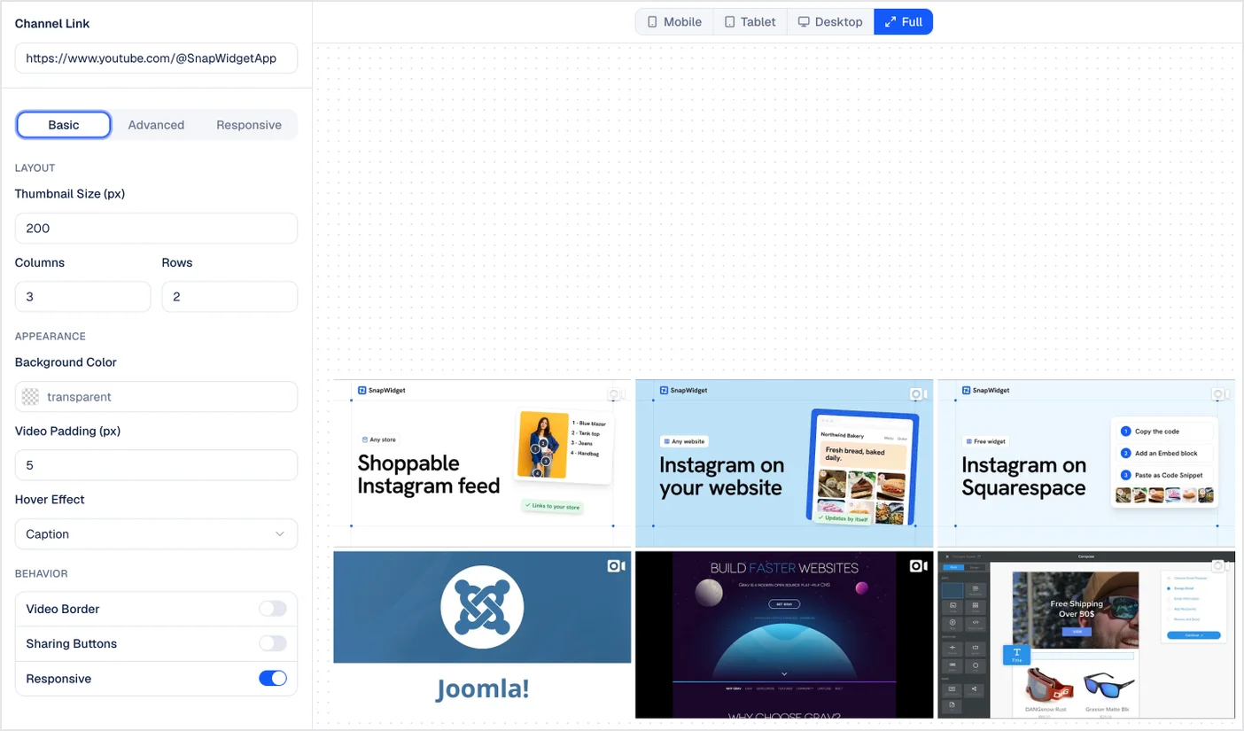 The widget builder with the channel link and a preview of the latest videos
