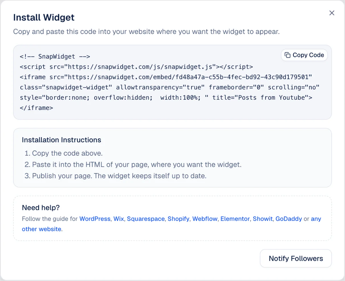 The Install Widget window with the code to copy