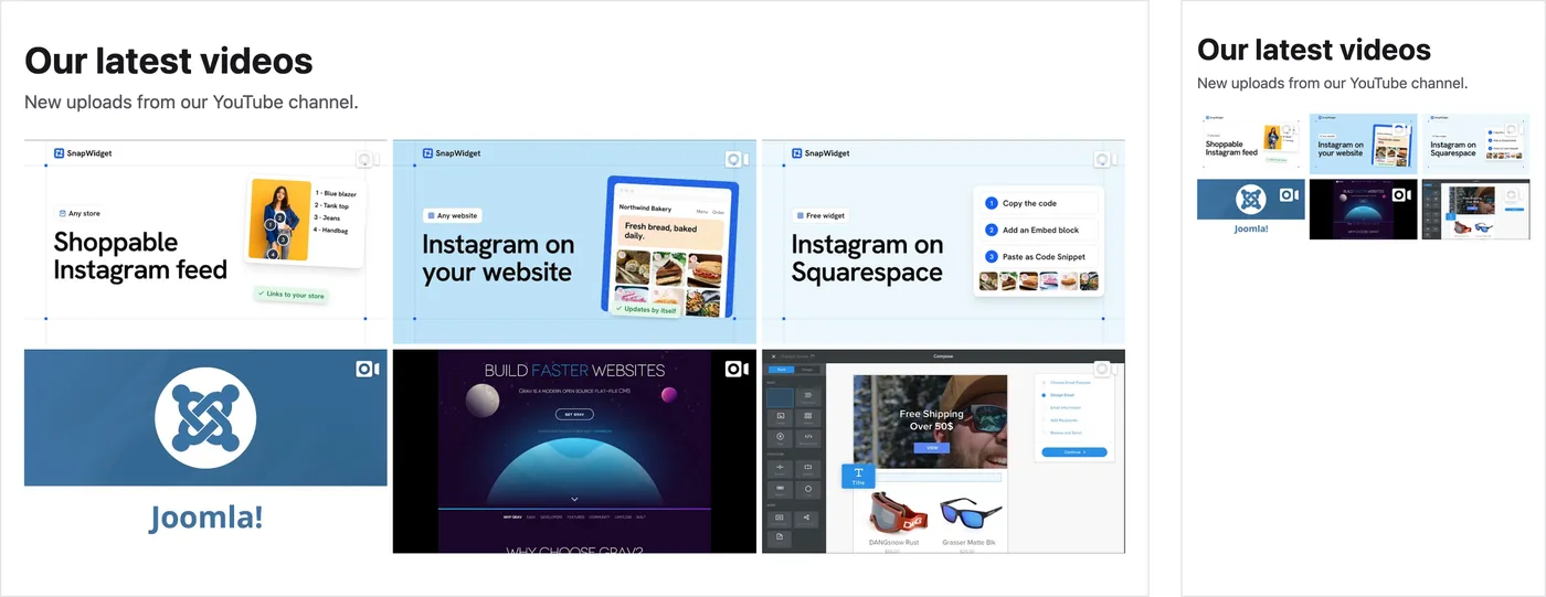 Our YouTube widget on a test page (left: computer, right: phone)