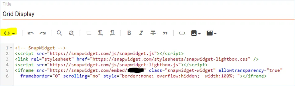 The Blogger page editor in HTML view with SnapWidget code