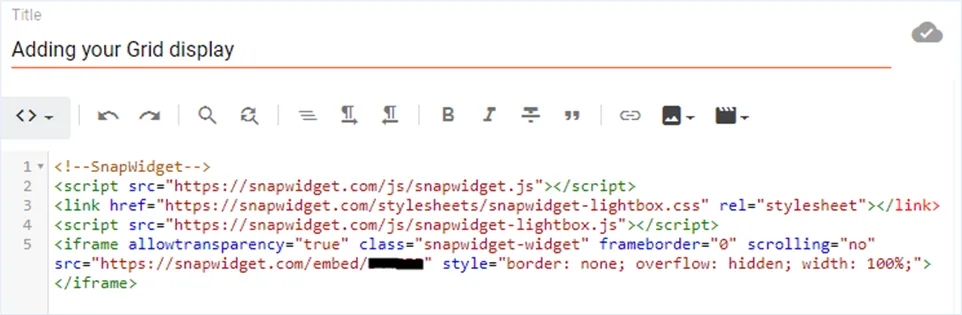 A new Blogger post in HTML view with SnapWidget code