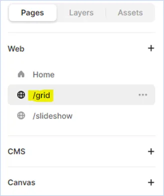 The Framer Pages panel with the /grid page selected