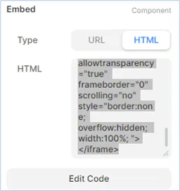 The Framer Embed component set to HTML with SnapWidget code pasted in
