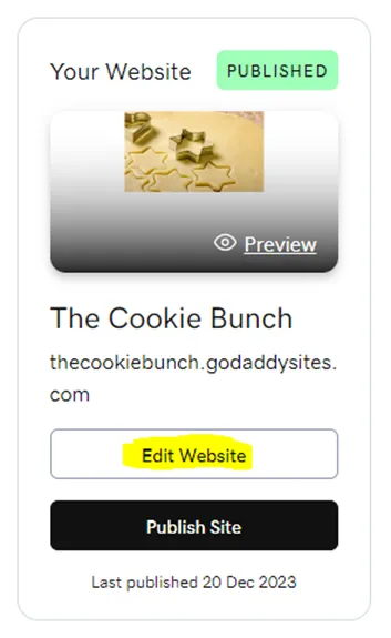 A GoDaddy Website Builder site card with the Edit Website button marked