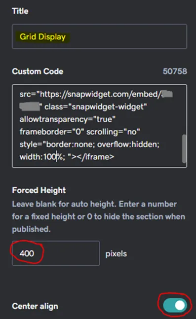 GoDaddy HTML section settings with Title, Custom Code, Forced Height and Center align