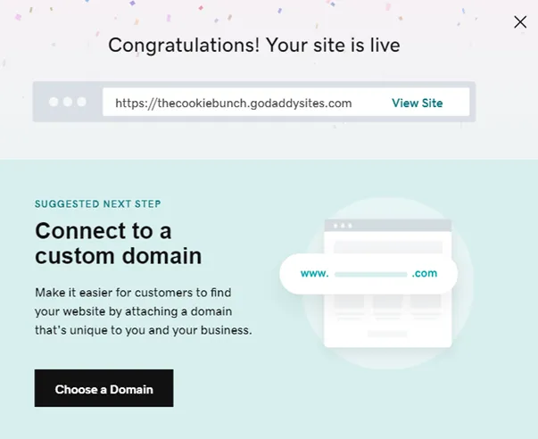 The GoDaddy message that the site is live, with the View Site link