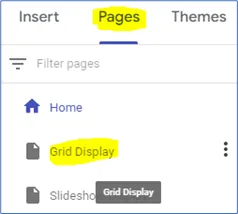 The Google Sites Pages panel with the Grid Display page selected