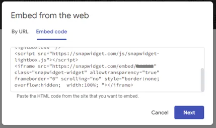 The Google Sites Embed from the web box with SnapWidget code on the Embed code tab