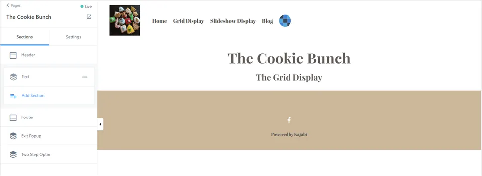 The Kajabi page editor with the Sections list and Add Section