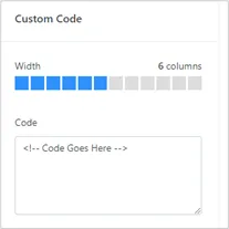 Kajabi Custom Code settings with a Width of 6 columns and the Code box