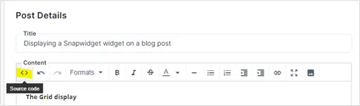 The Kajabi Post Details toolbar with the Source code button marked