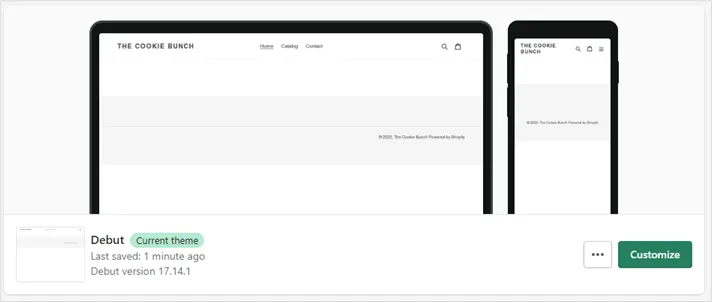 The Debut theme in Shopify with the Customize button