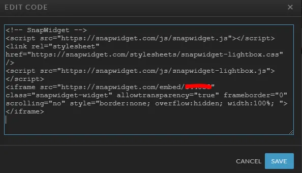 The Showit EDIT CODE box with SnapWidget code