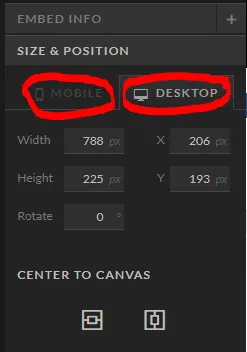 Showit SIZE & POSITION settings with Mobile and Desktop tabs and CENTER TO CANVAS