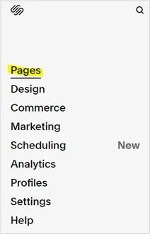 The Squarespace sidebar menu with Pages selected
