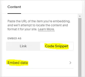 The Squarespace Content panel with Code Snippet and Embed data marked
