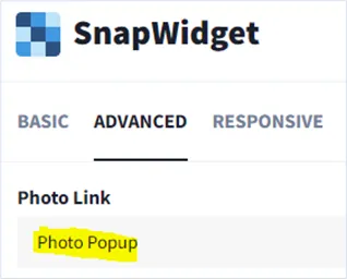 The Advanced tab in SnapWidget with Photo Link set to Photo Popup