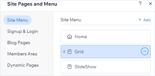 The Wix Site Pages and Menu panel with the Grid page selected