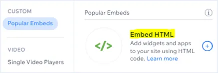 Embed HTML under Popular Embeds in the Wix Add Elements panel