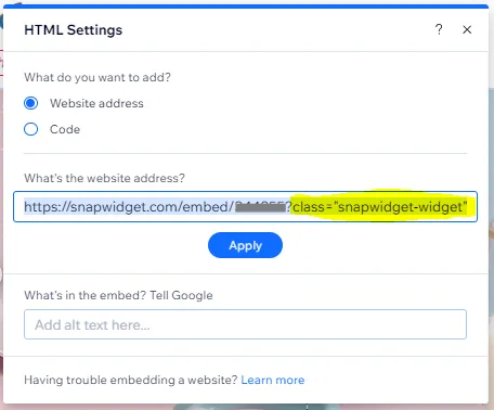Wix HTML Settings with Website address selected and the SnapWidget address filled in