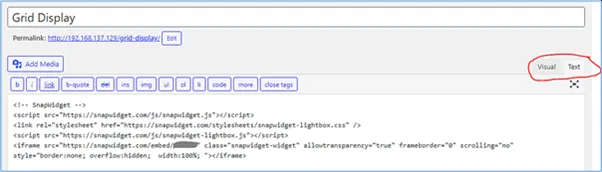 The WordPress Classic editor with SnapWidget code in the Text tab