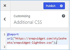 The WordPress Additional CSS box with the SnapWidget lightbox import line
