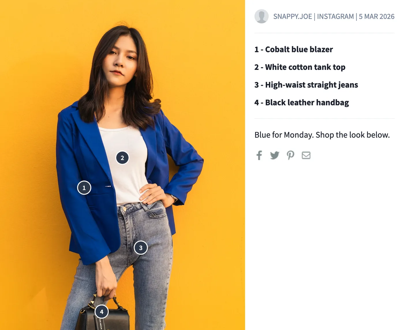 A SnapWidget shoppable lightbox: an Instagram photo with four numbered product pins and the list of the four products